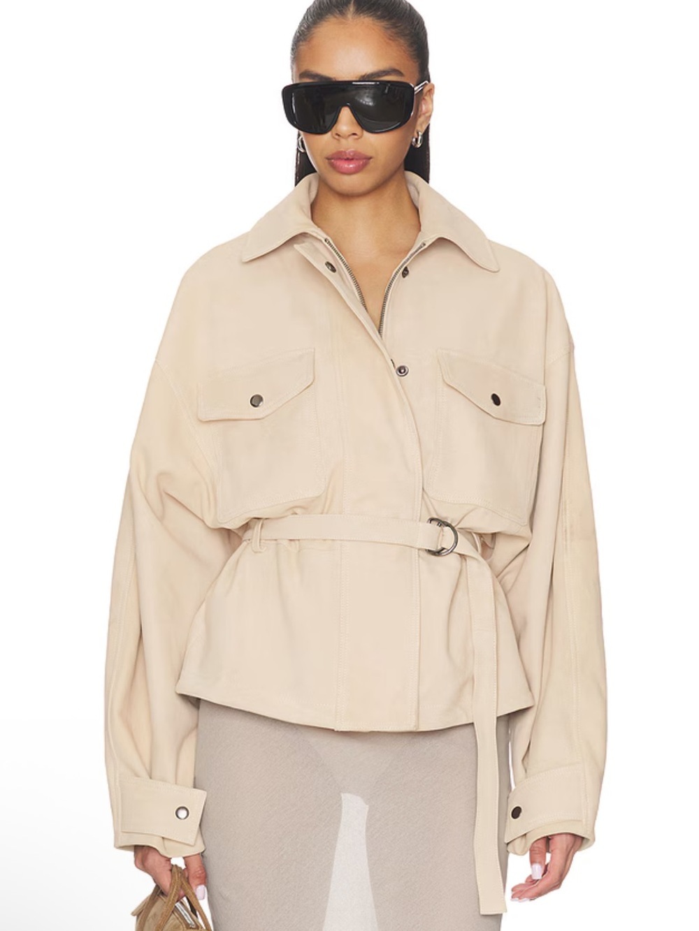 Eaves x Jasmine Tookes Lina Belted suede Jacket bone Beige Utility Revolve XXS